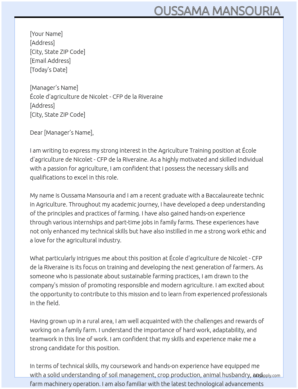 Agriculture training  At École d'agriculture de Nicolet - CFP de la Riveraine Cover Letter