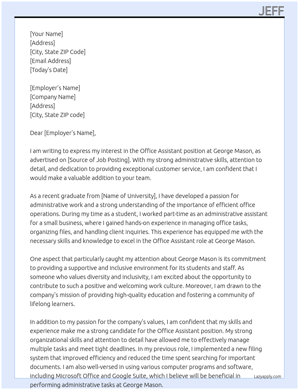 Office assistant  At George Mason Cover Letter