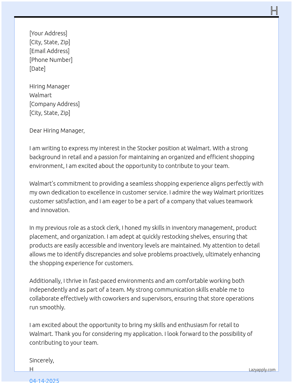 stocker At walmart Cover Letter
