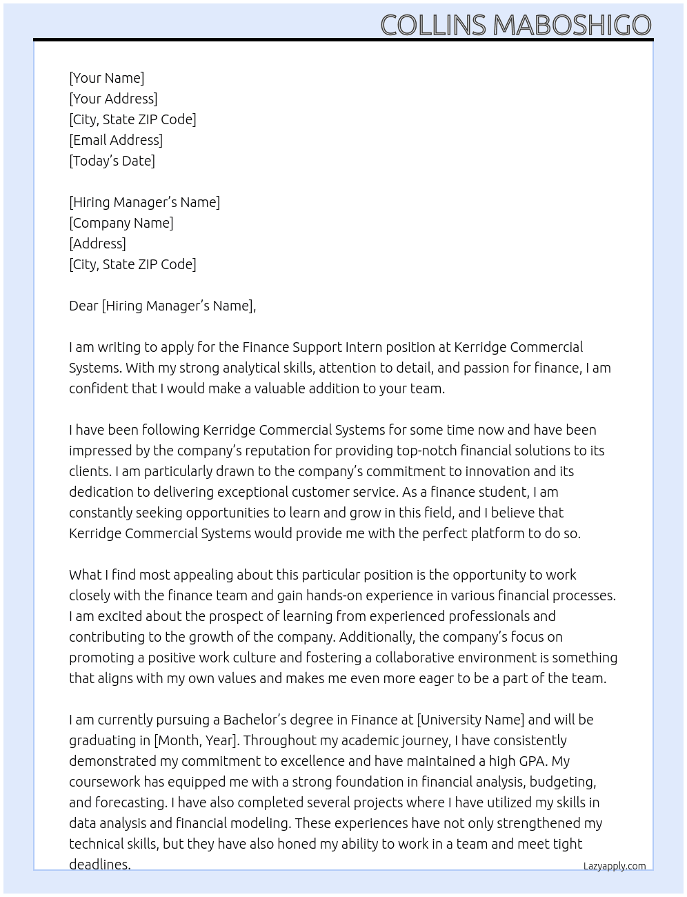 Finance Support Intern At Kerridge Commercial Systems Cover Letter