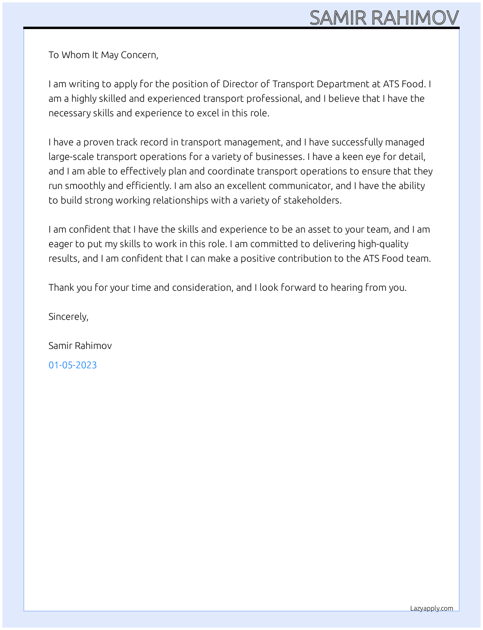 Director of Transport Department At ATS Food Cover Letter