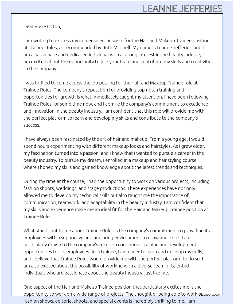 Hair and makeup trainee At Trainee roles Cover Letter