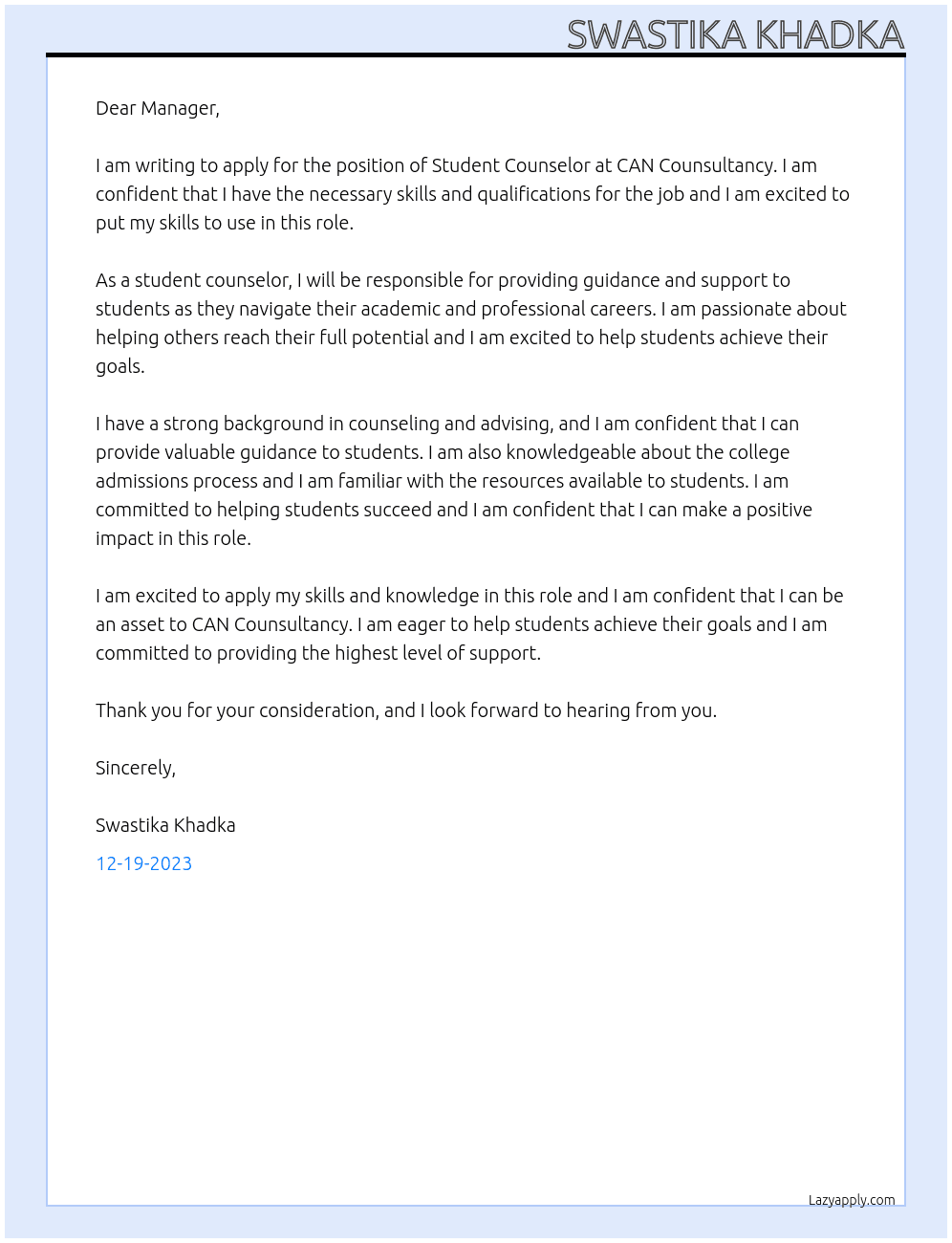 students counselor At CAN Counsultancy Cover Letter