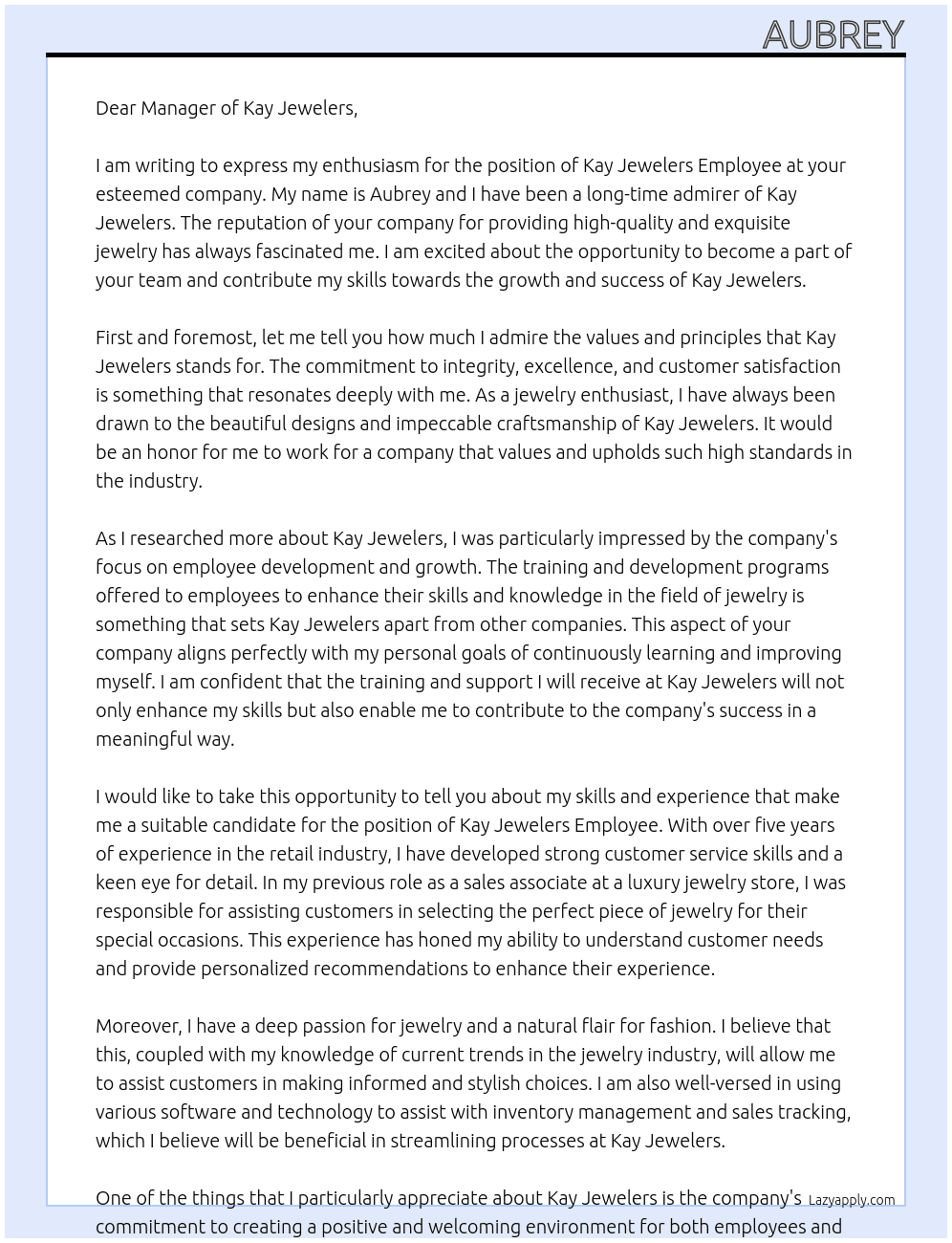 Kay Jewelers Employee At Kay Jewelers Cover Letter