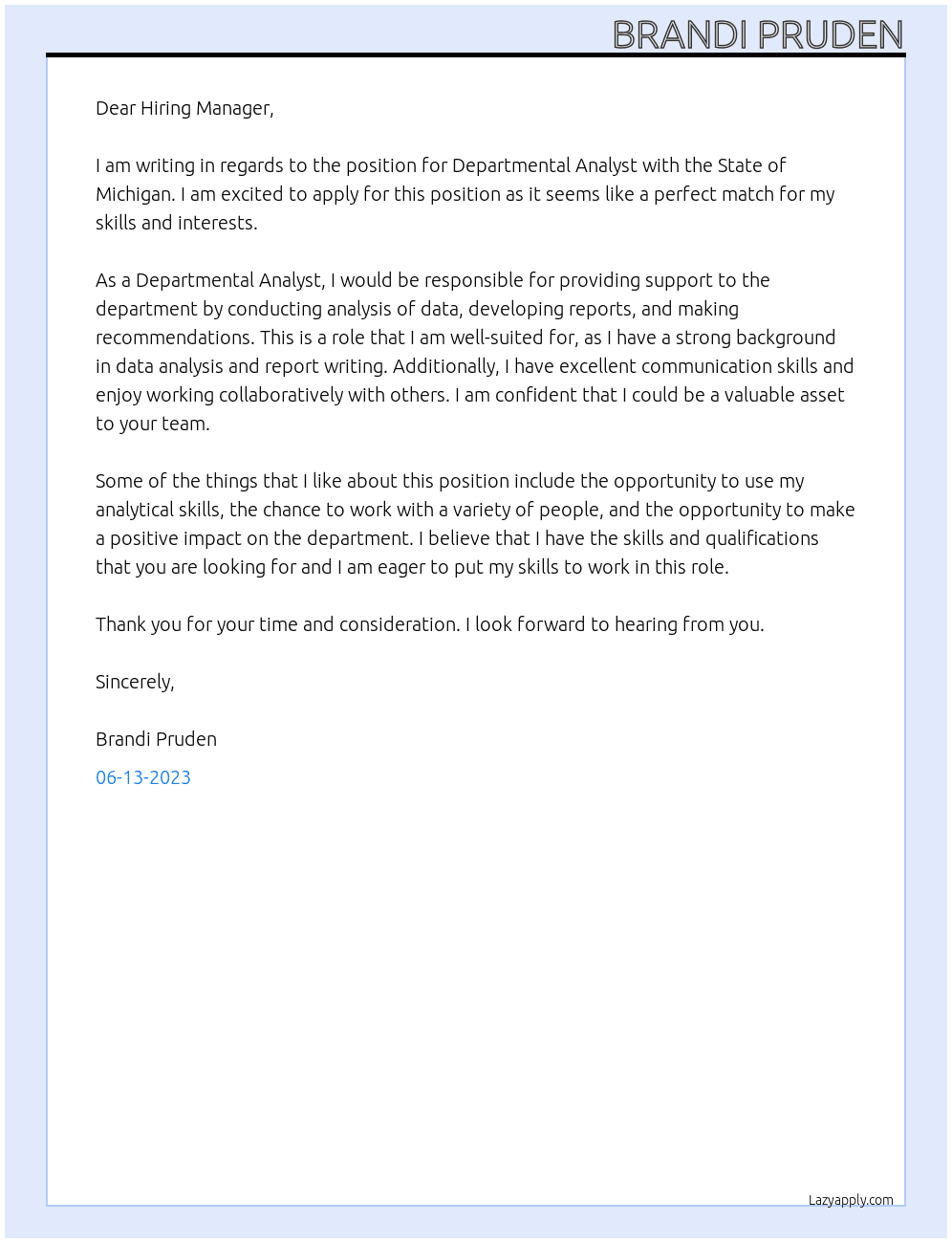 DEPARTMENTAL ANALYST  At State of Michigan  Cover Letter