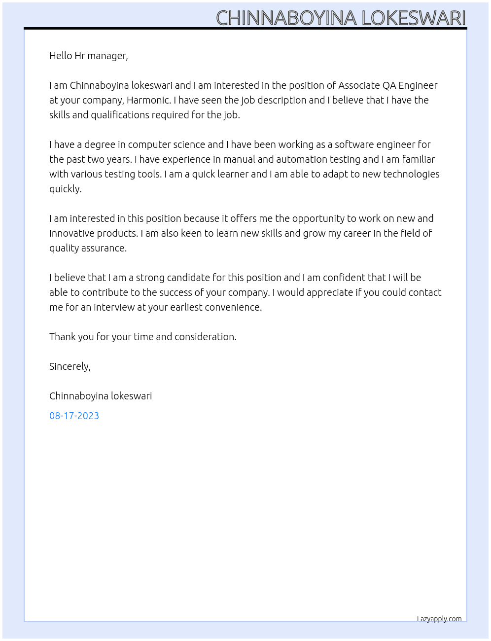 Associate QA Engineer fresher  At harmonic Cover Letter
