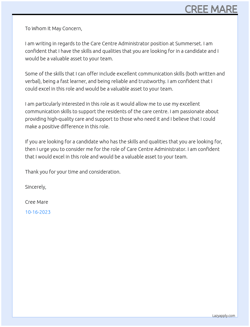 Care Centre Administrator At Summerset Cover Letter