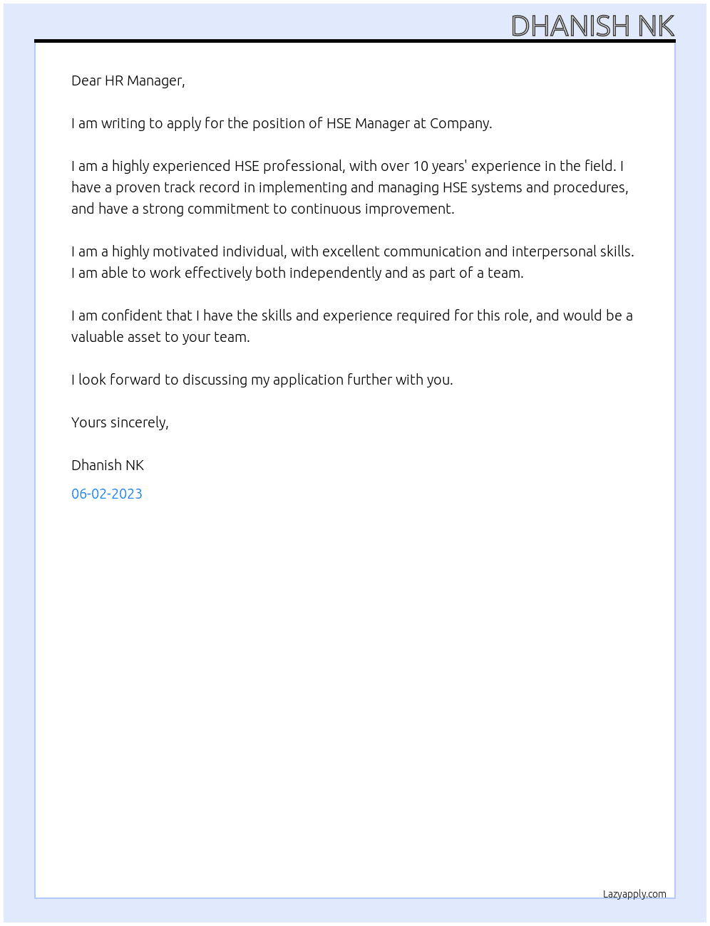 HSE MANAGER  At Company  Cover Letter