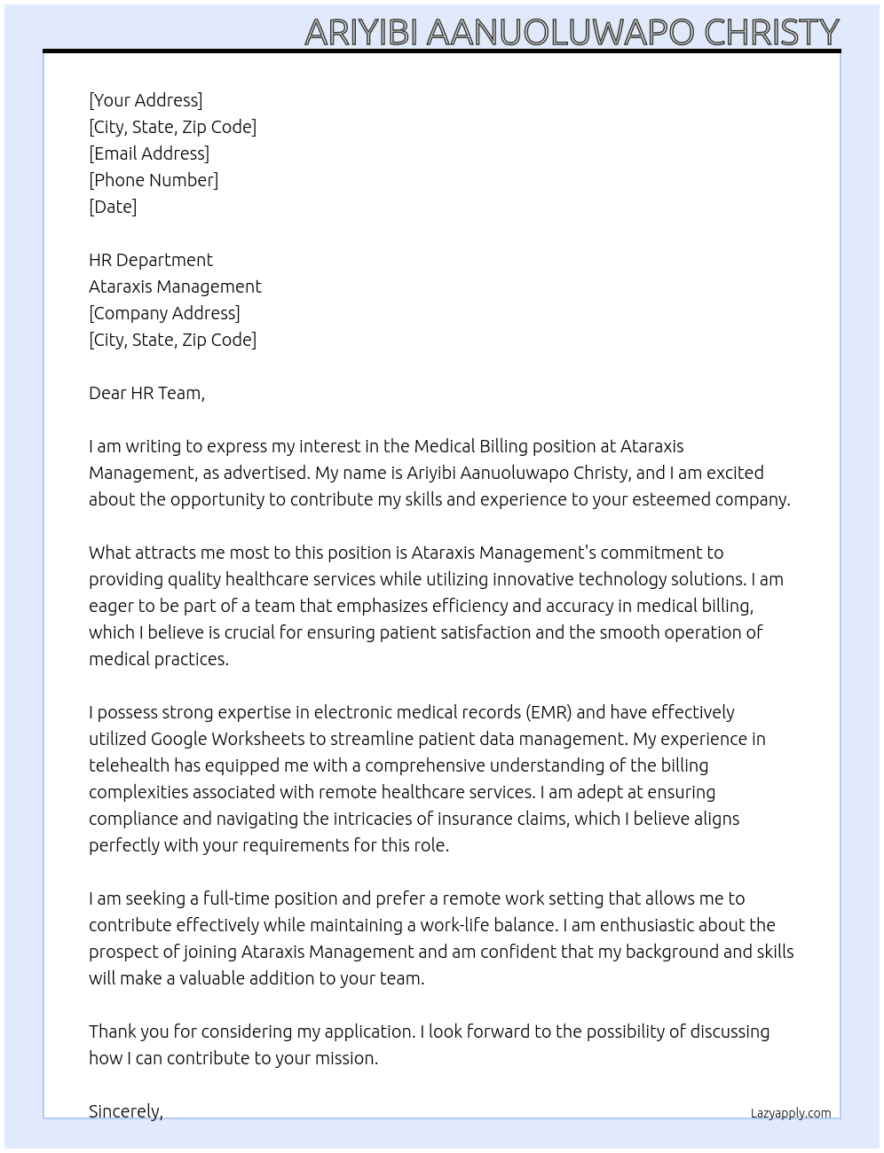 medical billing At ataraxis mgmt Cover Letter