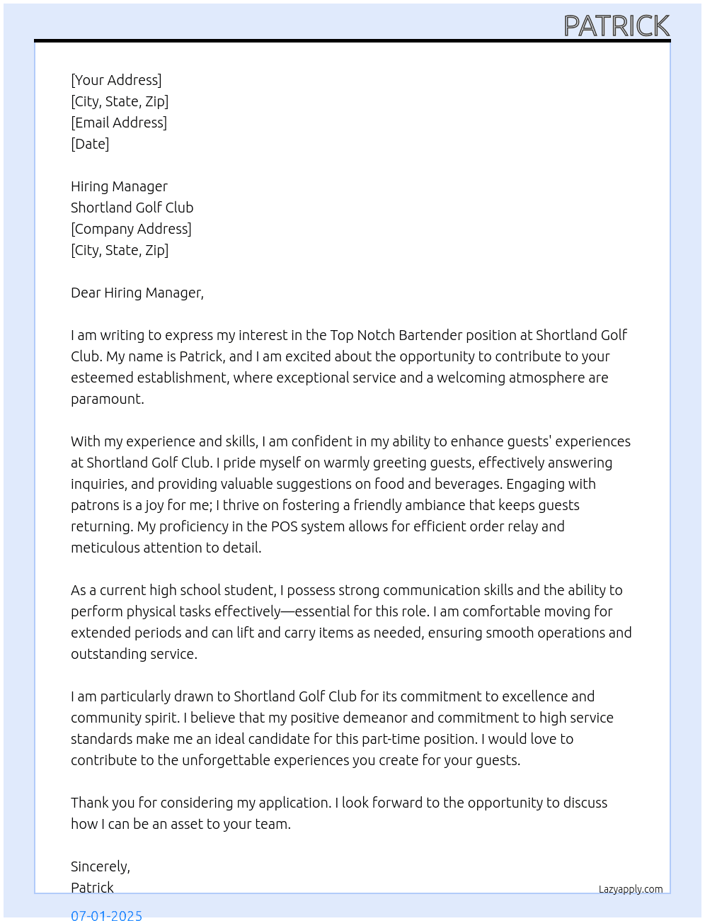 Cover letter for top notch bartender - LazyApply