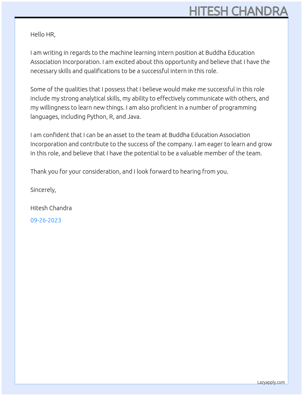 machine learning intern At Buddha Education Association Incorporation Cover Letter