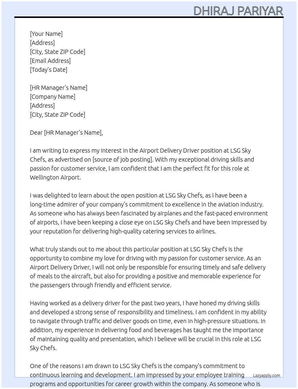 Airport Delivery Driver, Wellington Airport At LSG Sky Chefs Cover Letter
