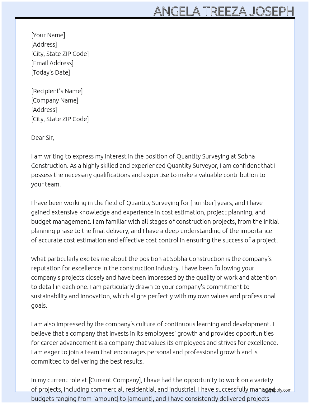 Cover letter for quantity surveying - LazyApply