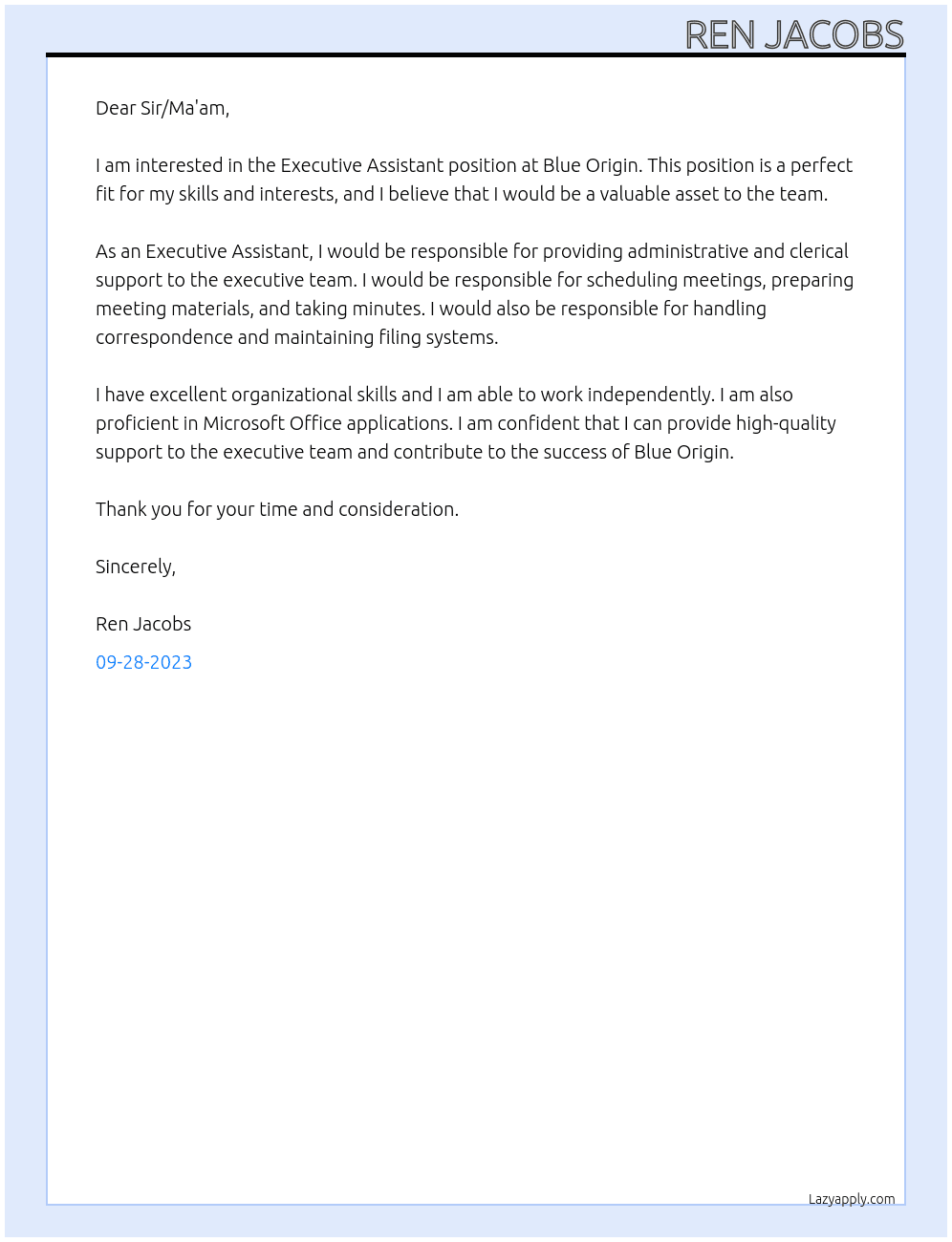 Executive Assistant  At Blue Origin Cover Letter