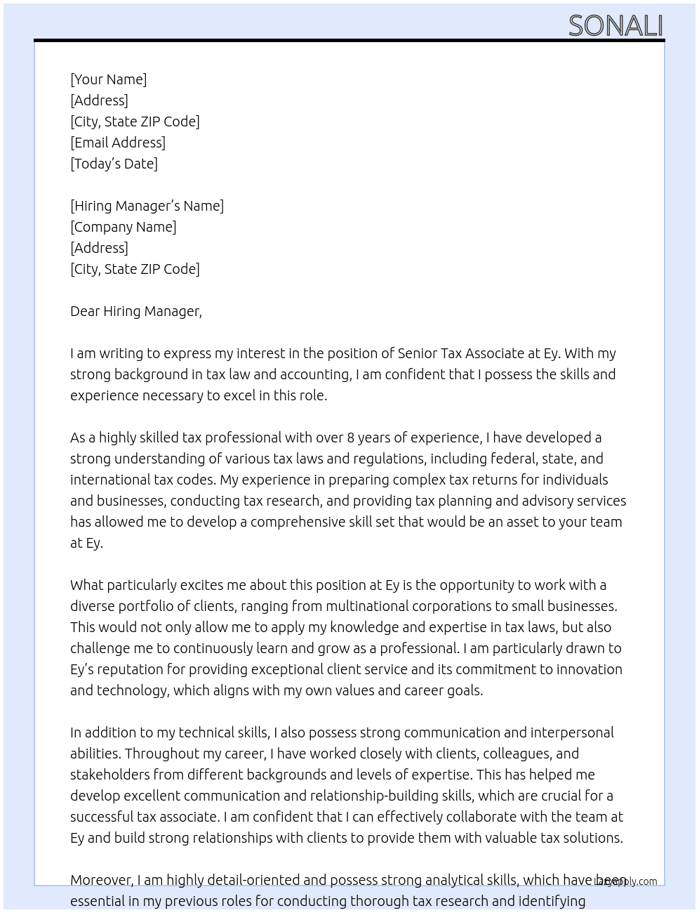 Senior tax associate  At Ey Cover Letter