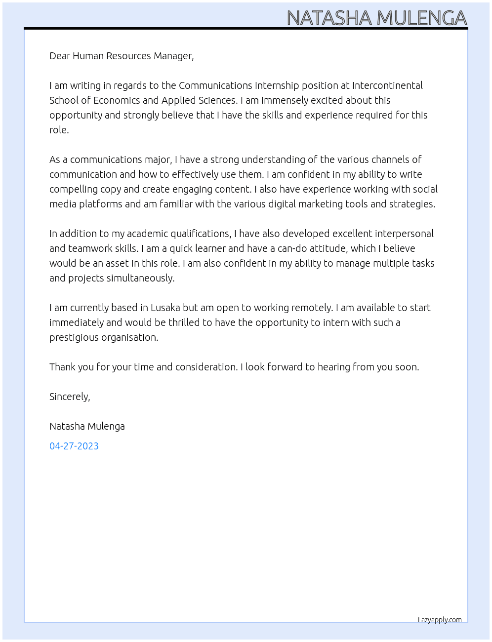 Communications At Intercontinental school of Economics and Applied sciences Cover Letter