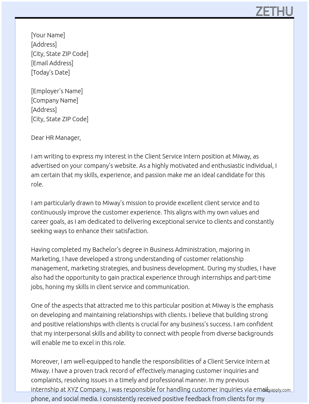Client service intern At Miway Cover Letter