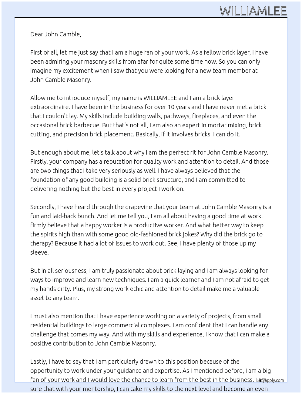 Brick layer At John camble masonry Cover Letter