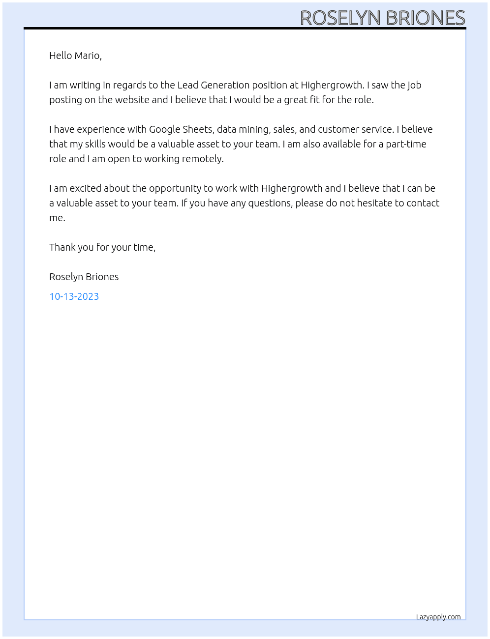 Lead Generation At Highergrowth Cover Letter