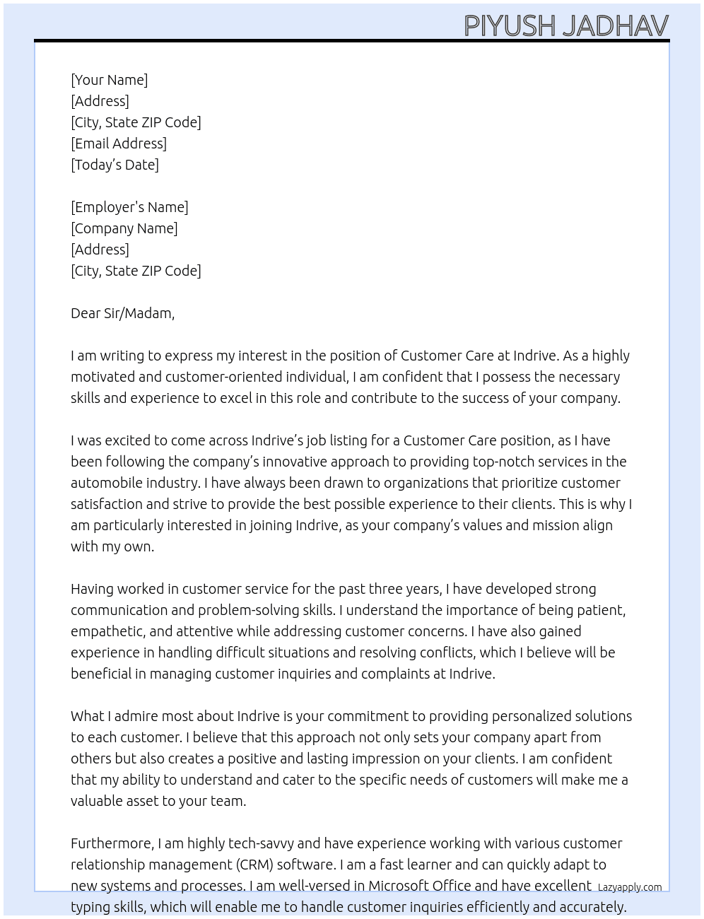 Customer care  At Indrive Cover Letter