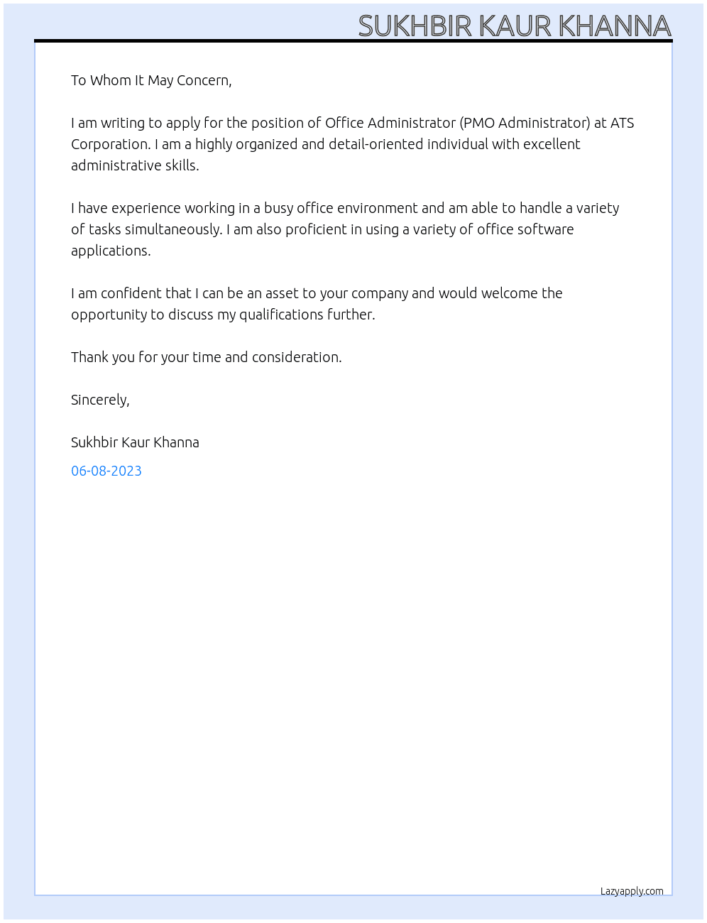 Pffice Administrator (PMO Administrator) At ATS Corporation Cover Letter