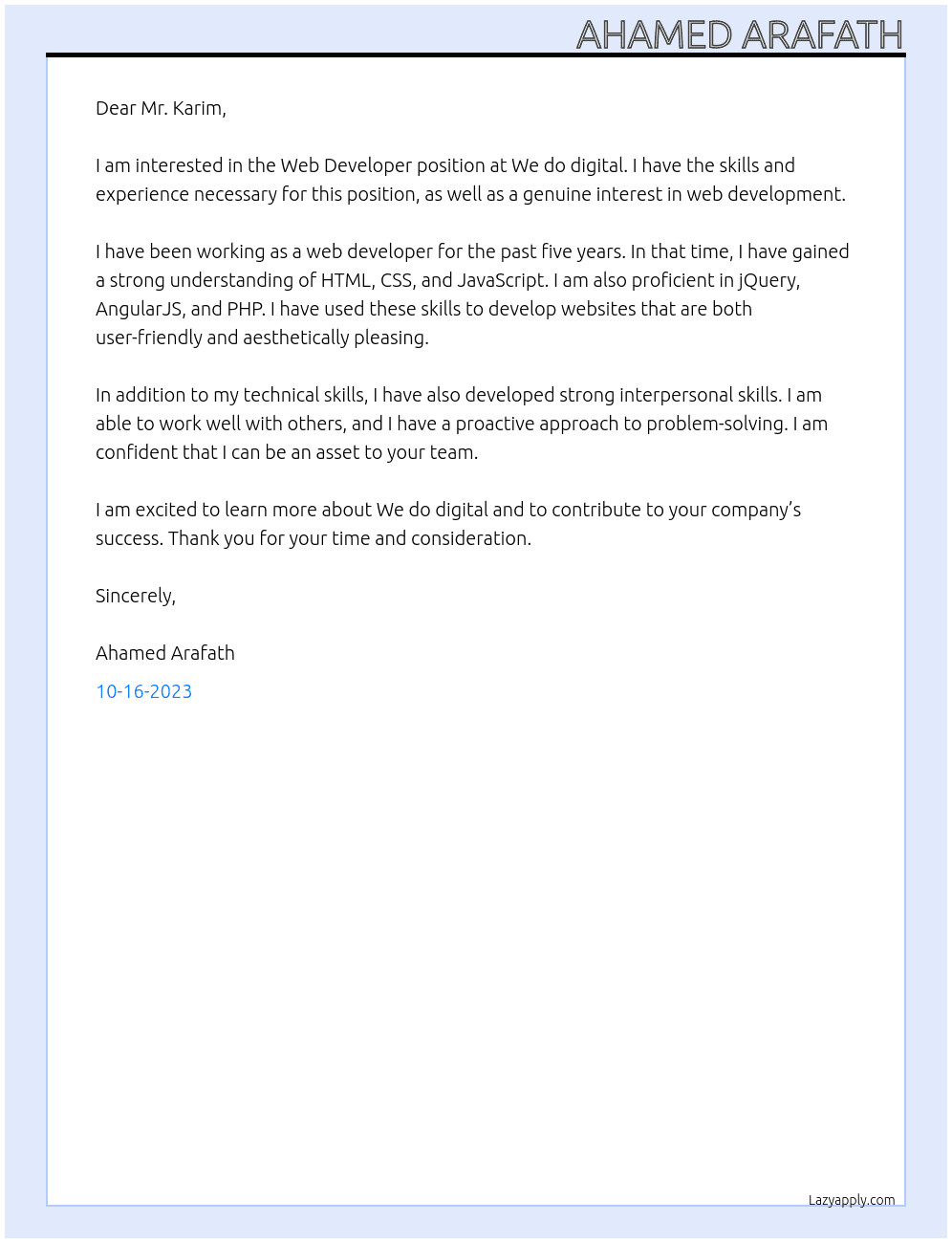 Web Developer At We do digital Cover Letter