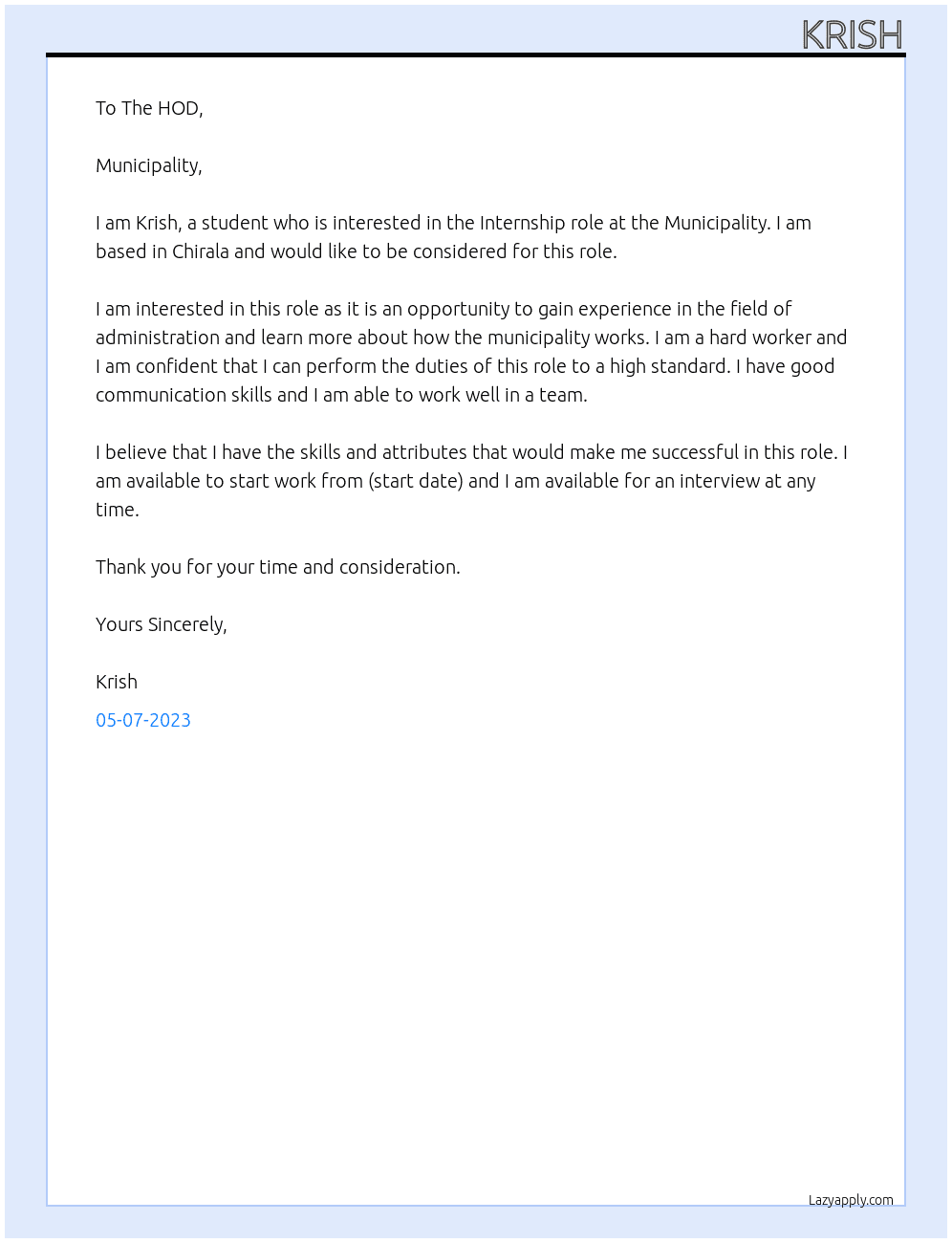 Student  At Municipality  Cover Letter