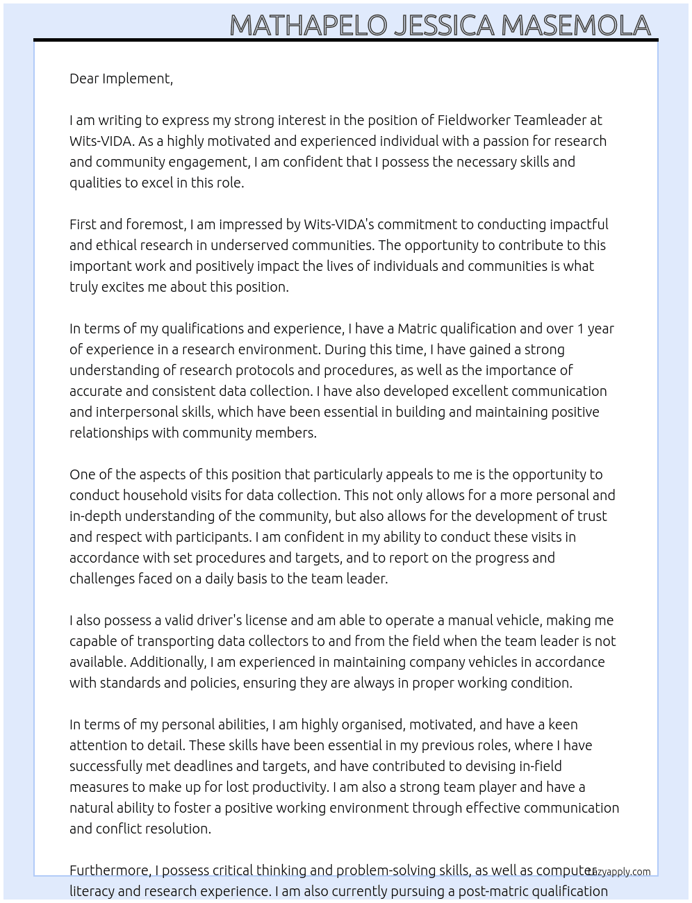 fieldworker teamleader  At Wits-VIDA Cover Letter