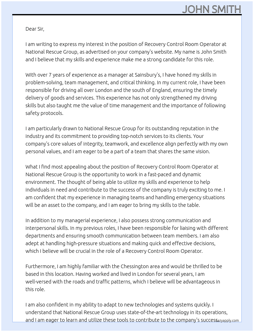 Recovery Control room operator  At National Rescue Group Cover Letter