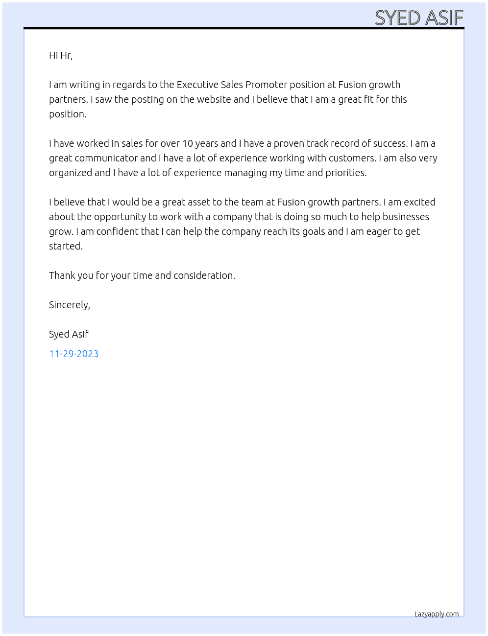 Executive Sales Promoter At Fusion growth partners Cover Letter