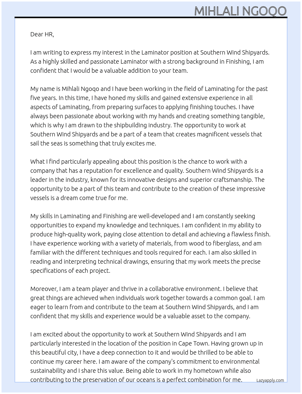 Laminator  At Southern Wind Shipyards Cover Letter