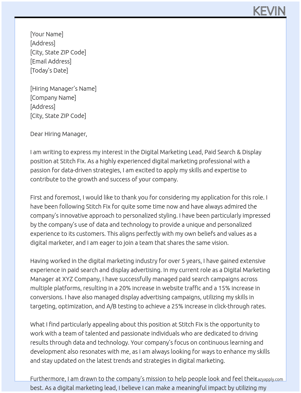 Digital Marketing Lead, Paid Search & Display At Stitch Fix Cover Letter