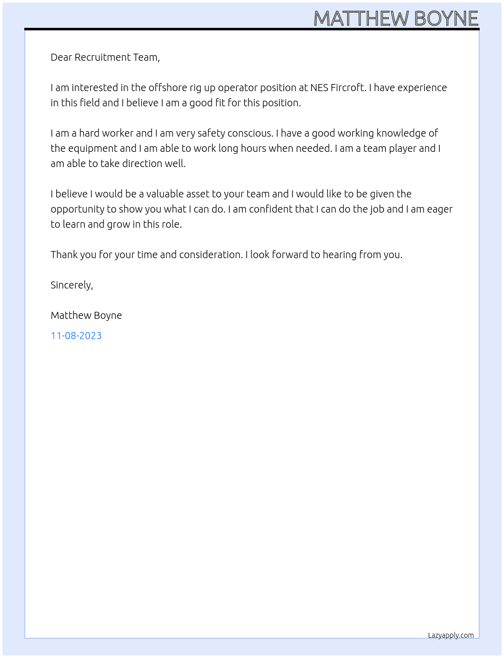 Offshore rig up operator At NES Fircroft Cover Letter