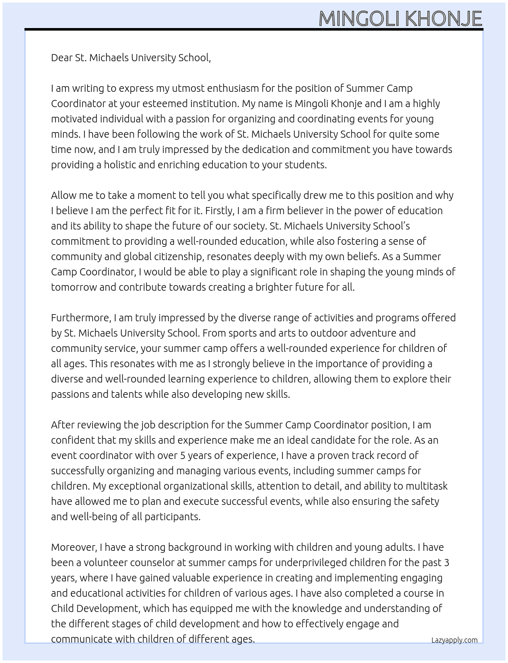 Summer Camp Coordinator  At St. Michaels University School Cover Letter