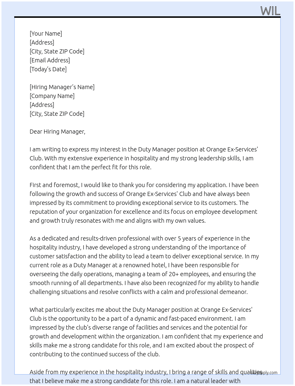 Duty Manager At Orange Ex-Services' Club Cover Letter
