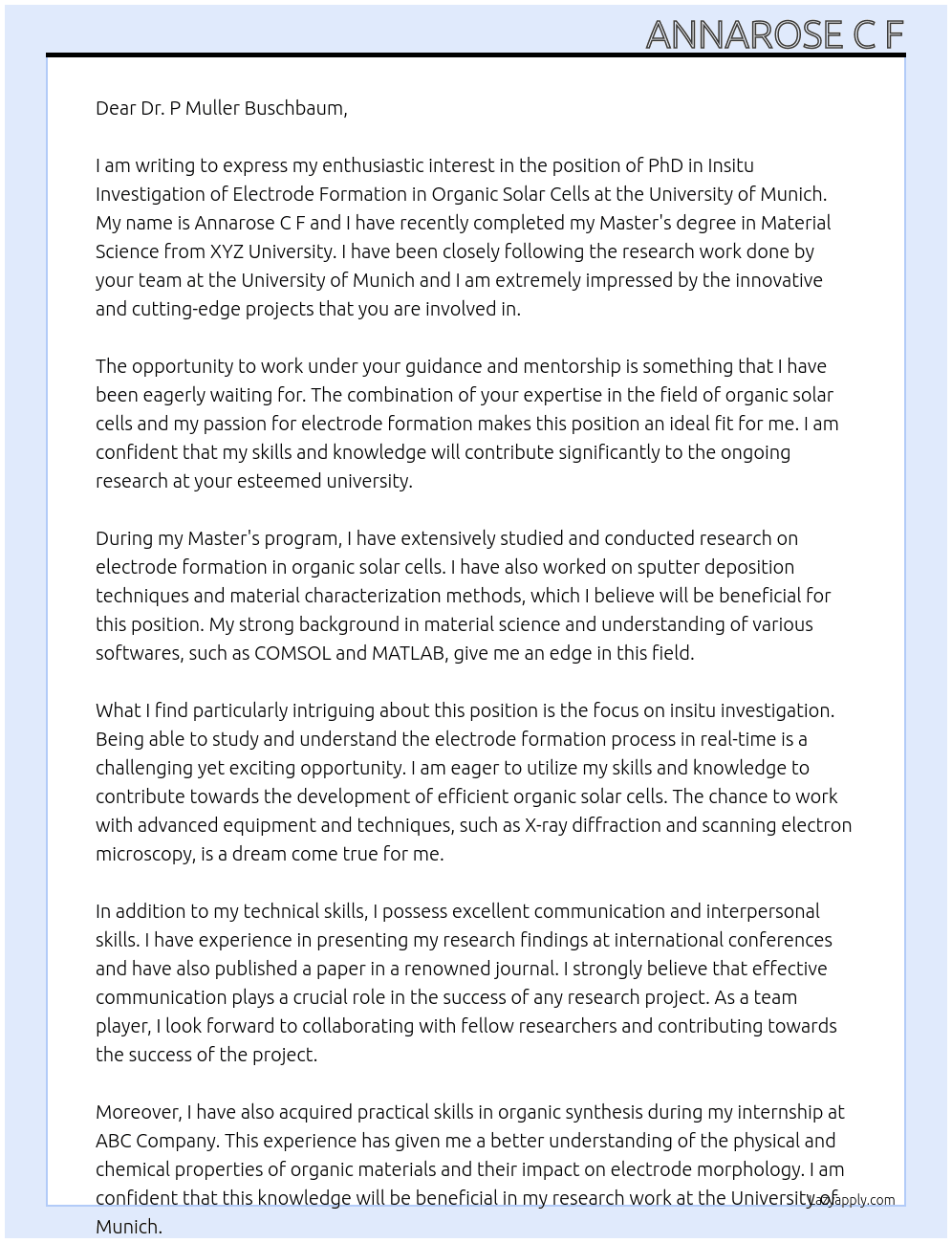 PhD in insitu investigation of electrode formation in organic solar cells  At University of Munich  Cover Letter