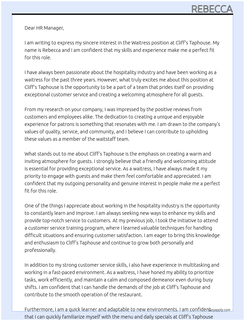 Waitress At Cliff's Taphouse Cover Letter