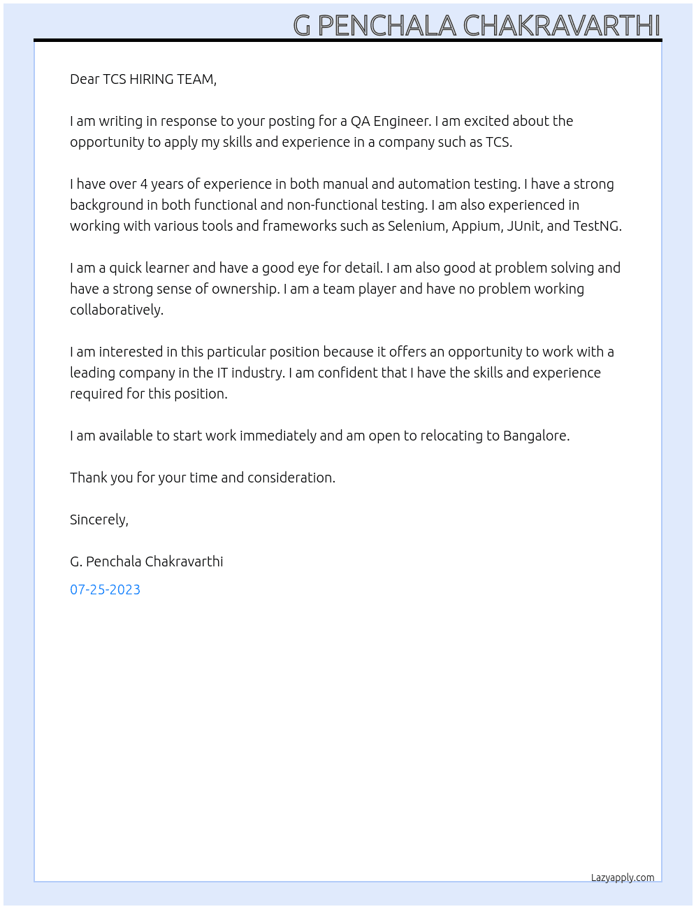 QA Engineer At TCS Cover Letter