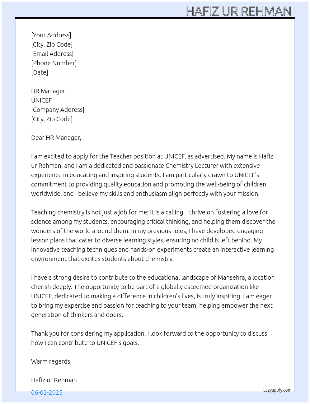 Teacher  At UNICEF  Cover Letter