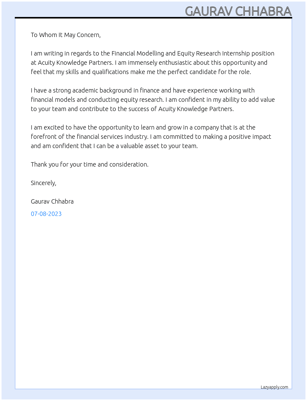 Financial Modelling and Equity Research Internship At Acuity Knowledge Partners Cover Letter