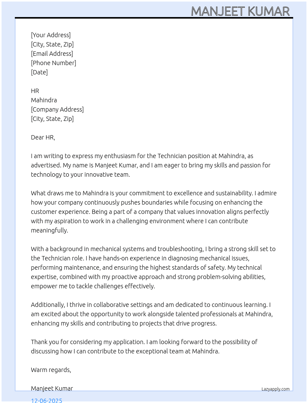 Technician At Mahindra  Cover Letter