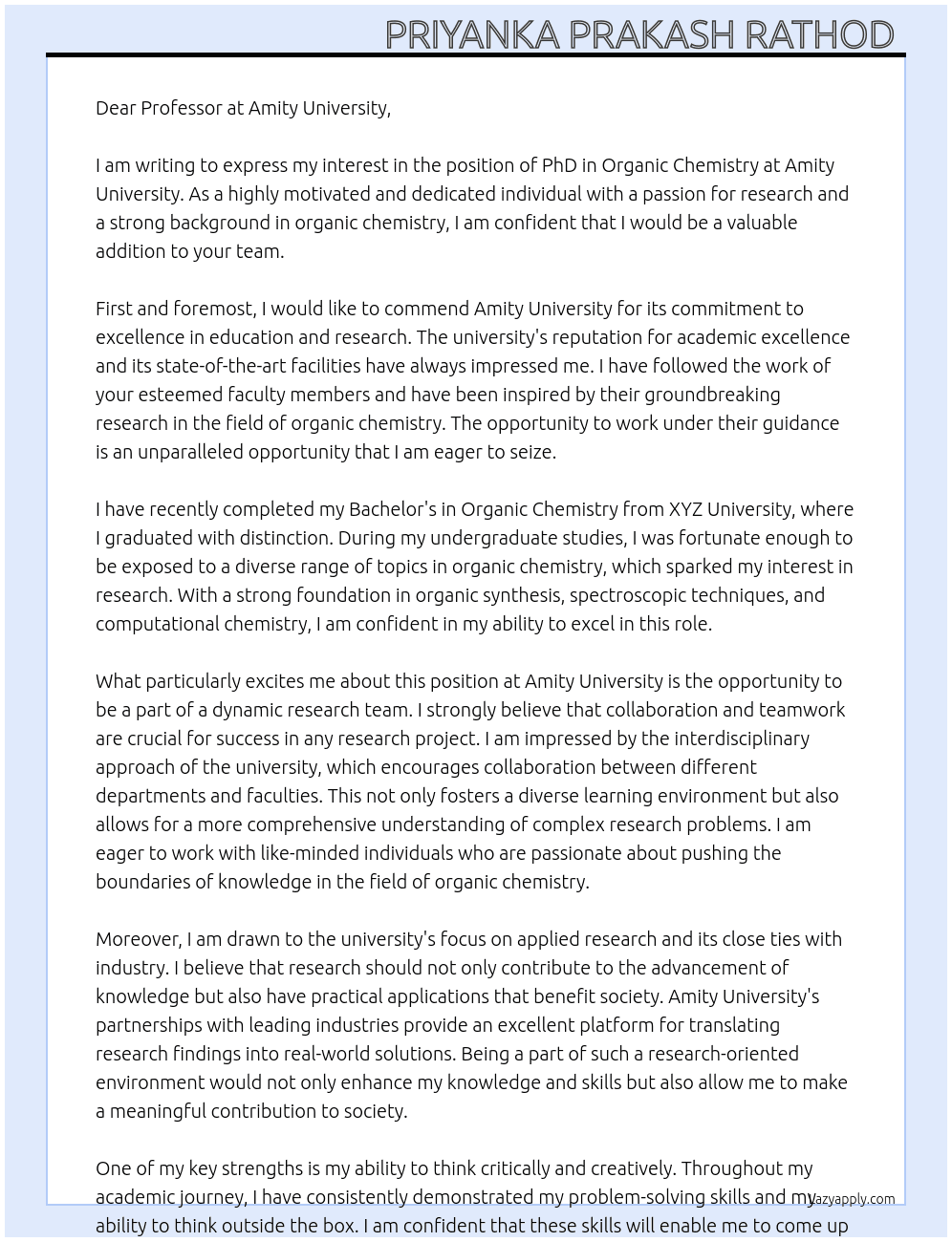 PhD in Organic chemistry At Amity University  Cover Letter
