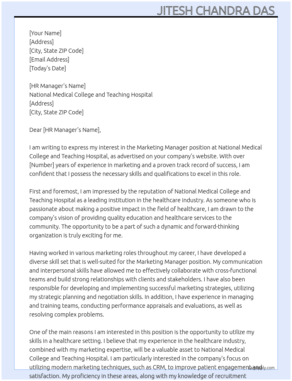 Marketing Manager  At National Medical College and Teaching Hospital  Cover Letter