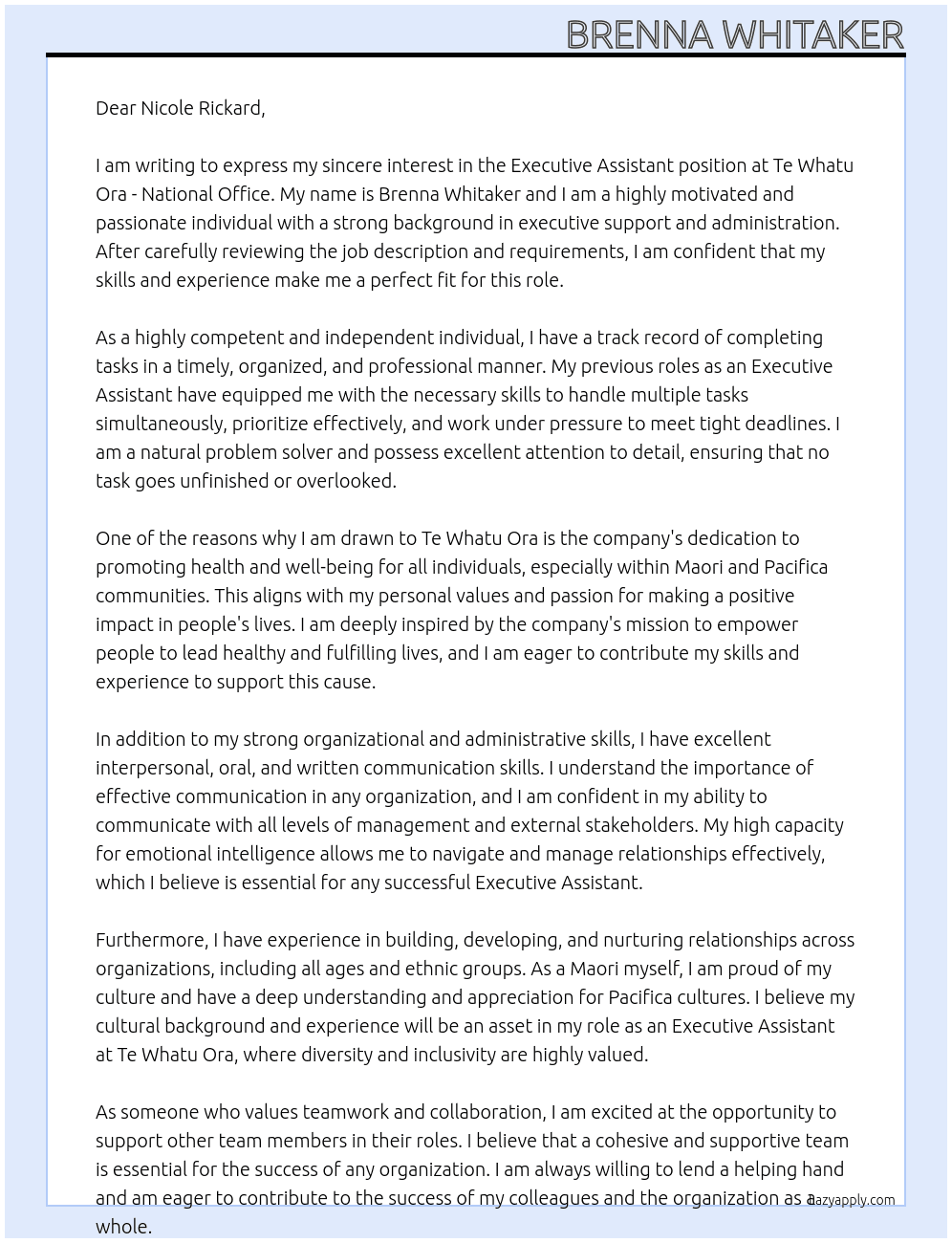Executive Assistant At Te Whatu Ora - National Office Cover Letter