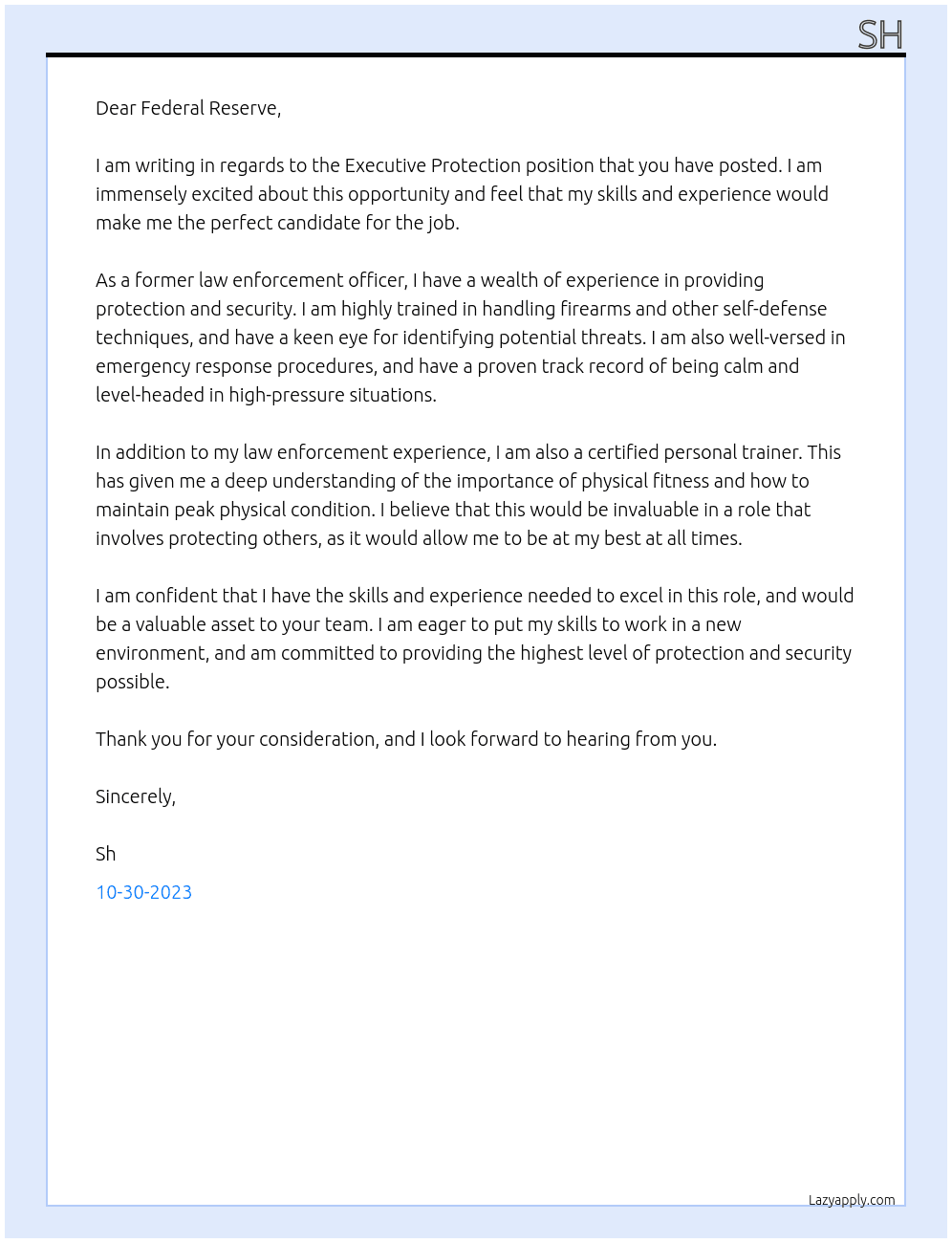 Executive protection  At Federal Reserve  Cover Letter