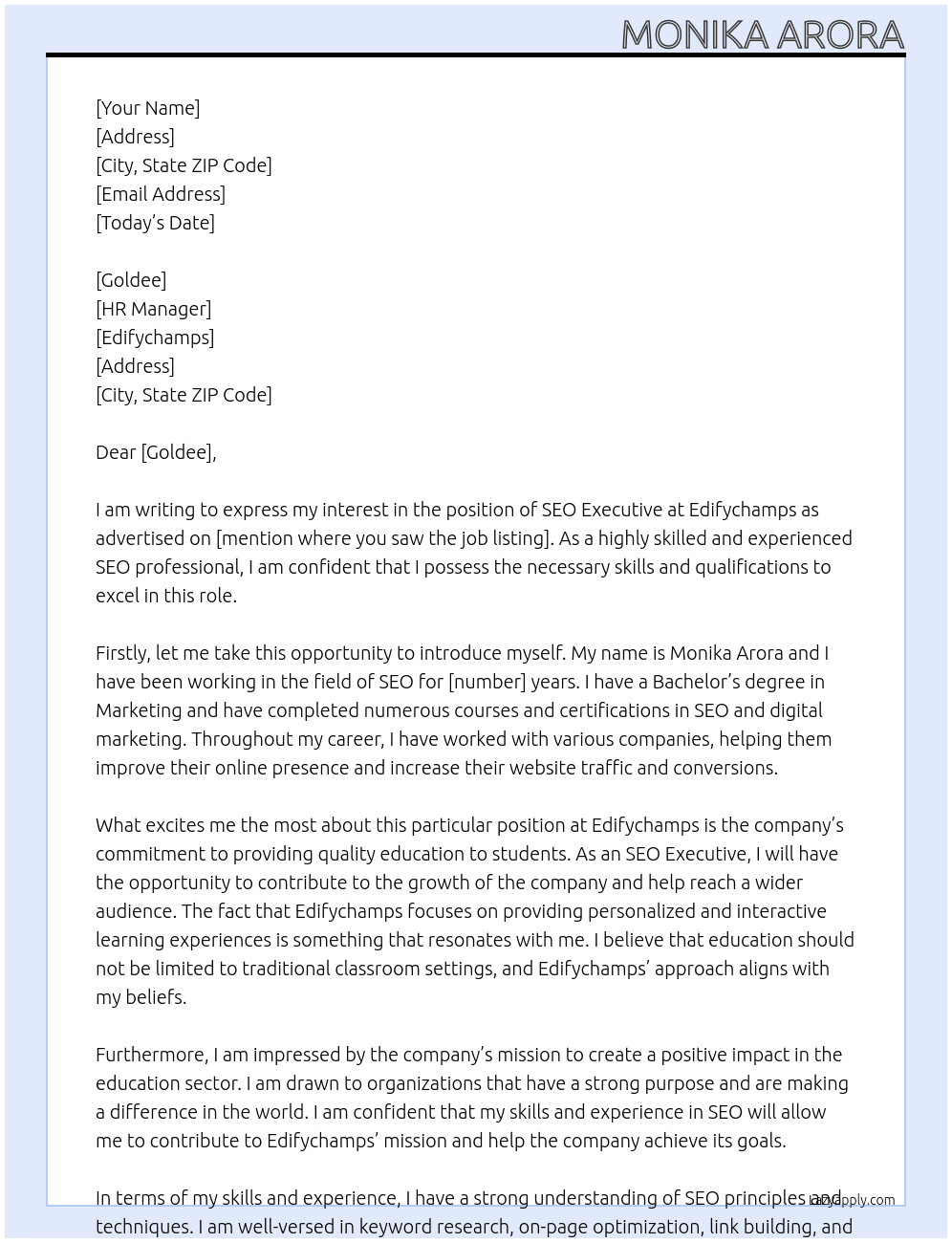 SEO Executive At Edifychamps Cover Letter