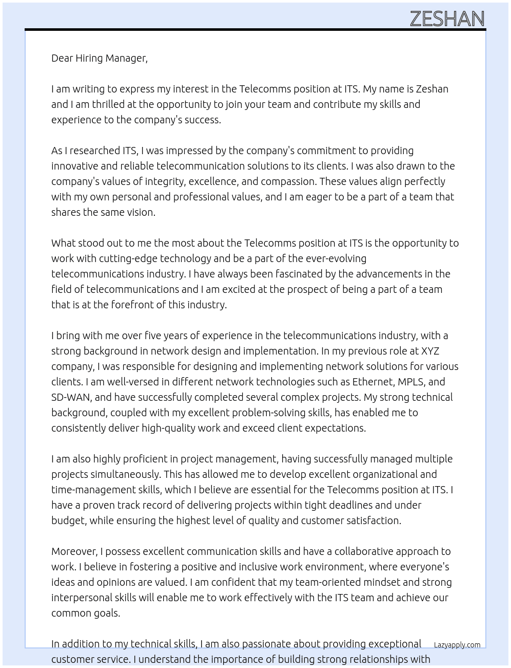 telecomms At ITS Cover Letter