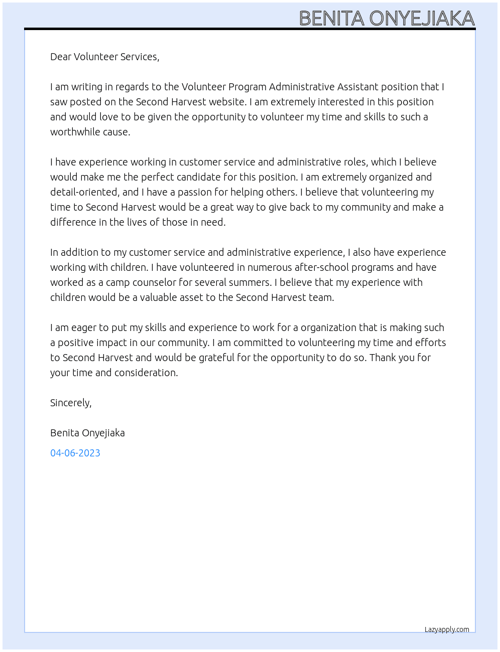 Volunteer Program Administrative Assistant At Second Harvest Cover Letter