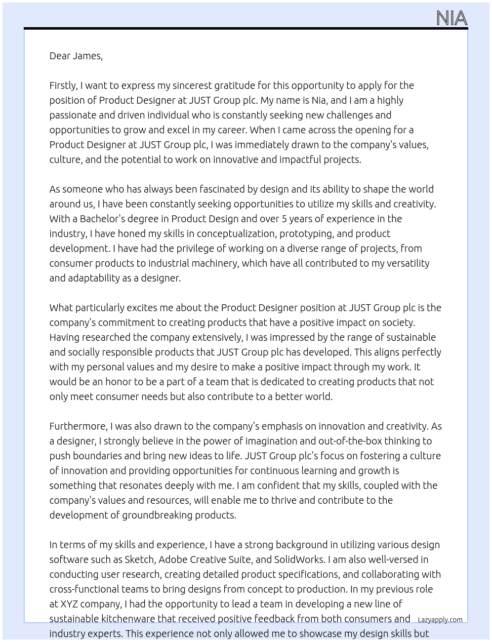 Product Designer  At JUST Group plc Cover Letter