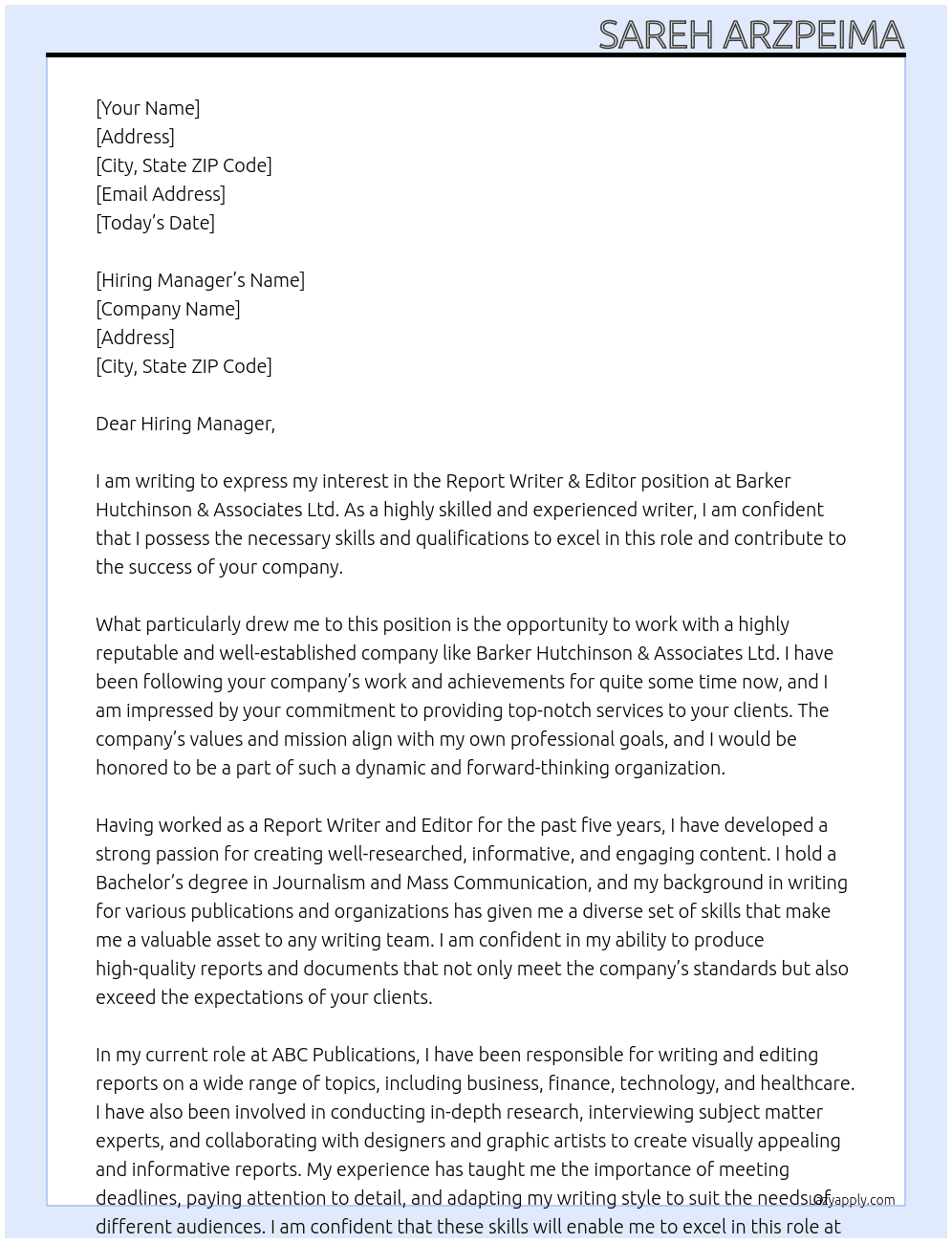 Report Writer & Editor At  Barker Hutchinson & Associates Ltd Cover Letter